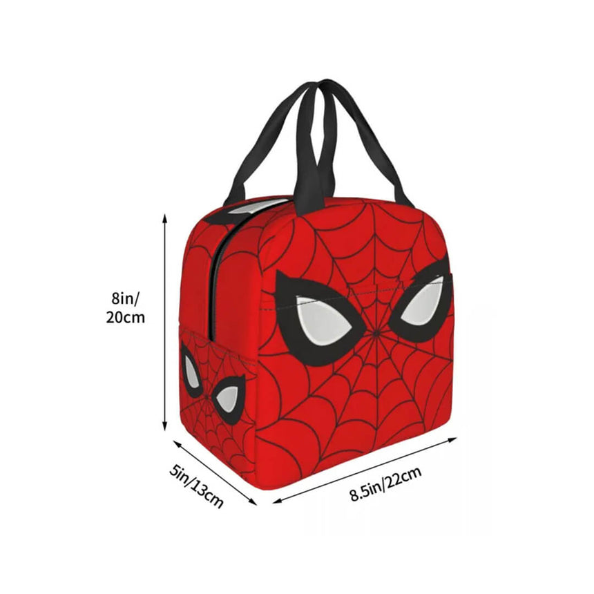 Red Spider-Man themed lunch bag with black handles, spider web pattern