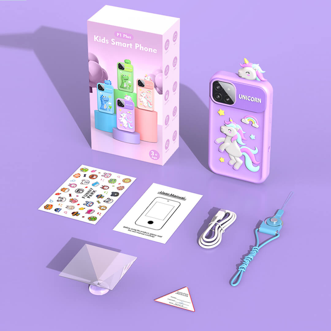 Unicorn-themed kids' smart phone with packaging, stickers, and accessories
