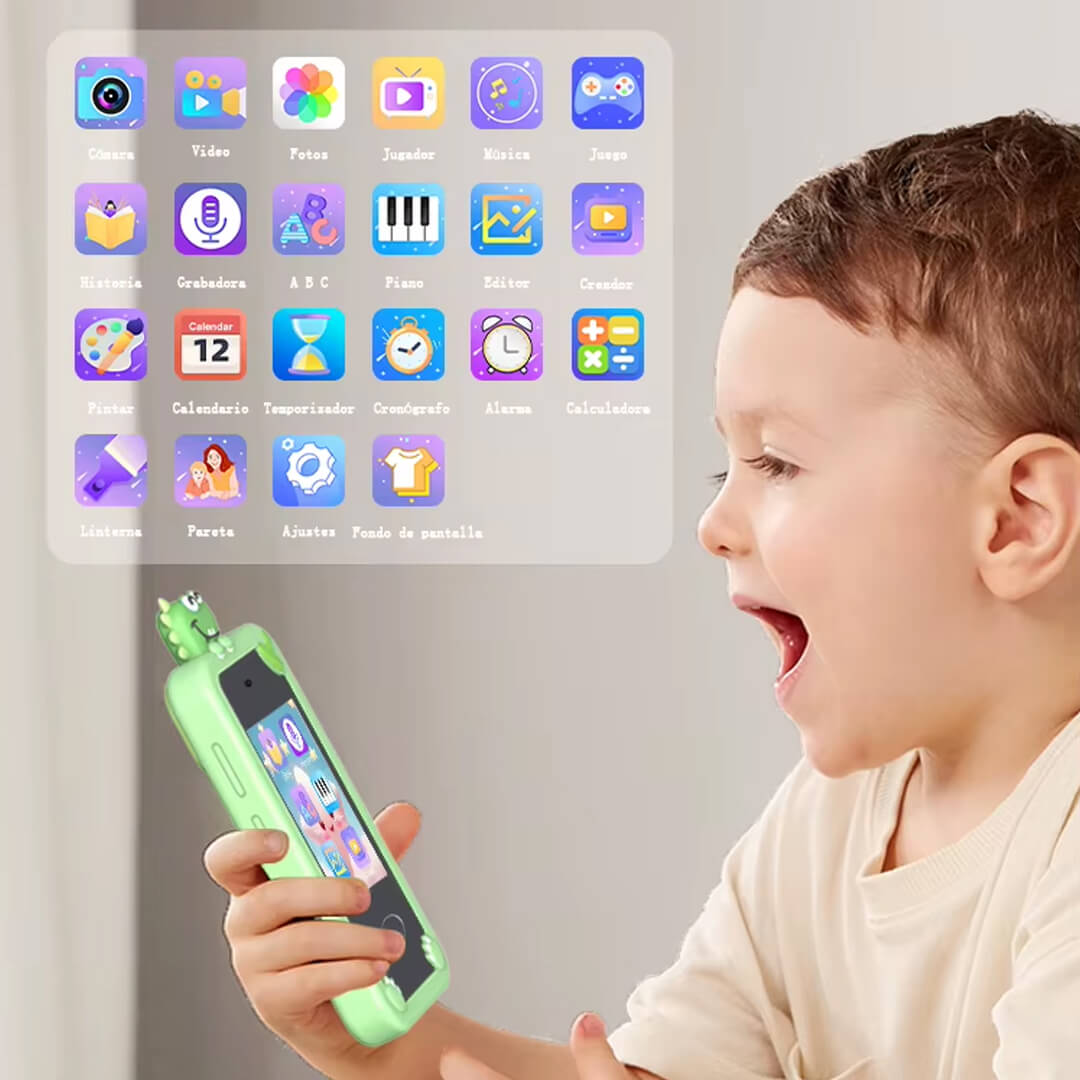 Child playing with a toy phone displaying app icons on a screen.