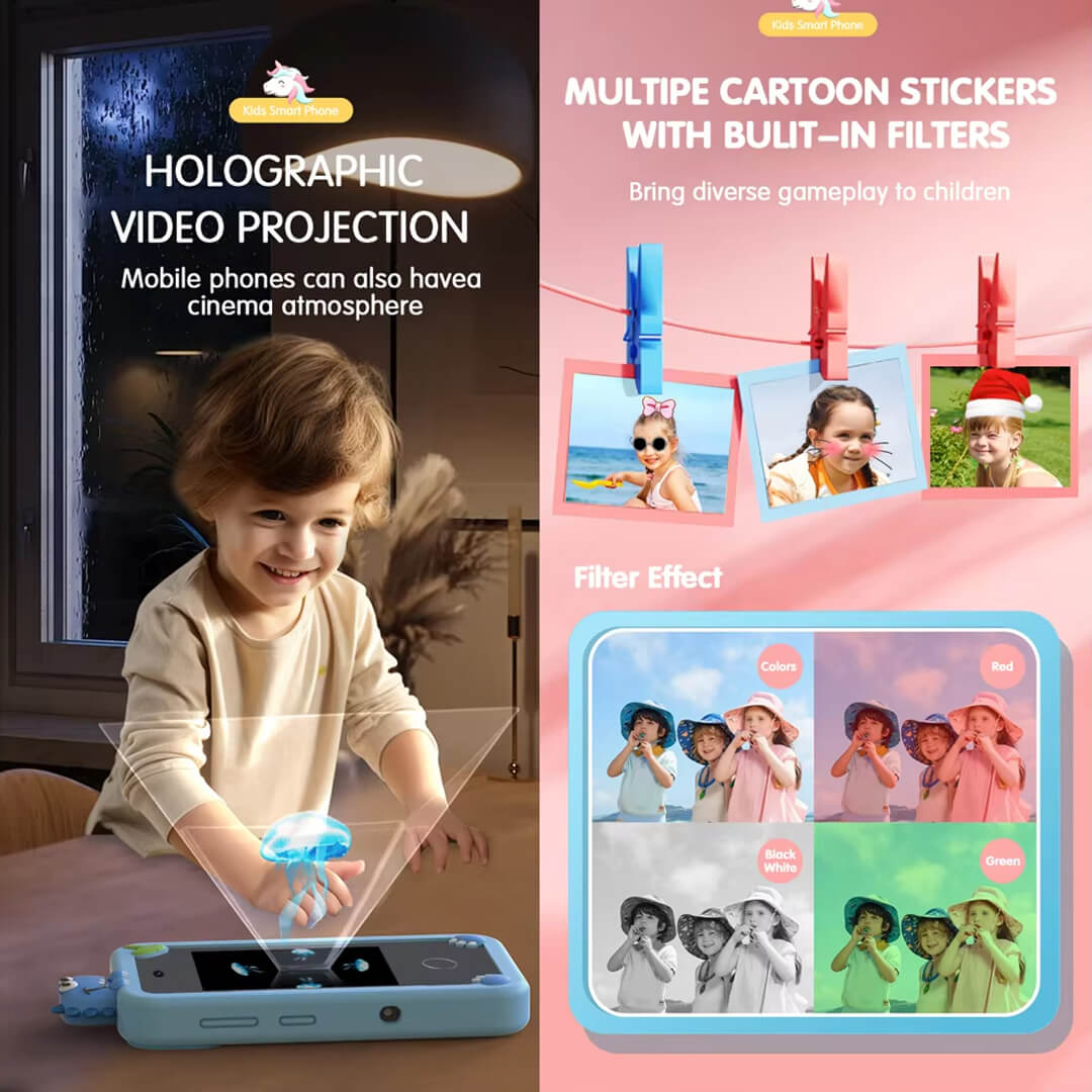 Smartphone with games, dual camera, built-in filters & projection for kids.