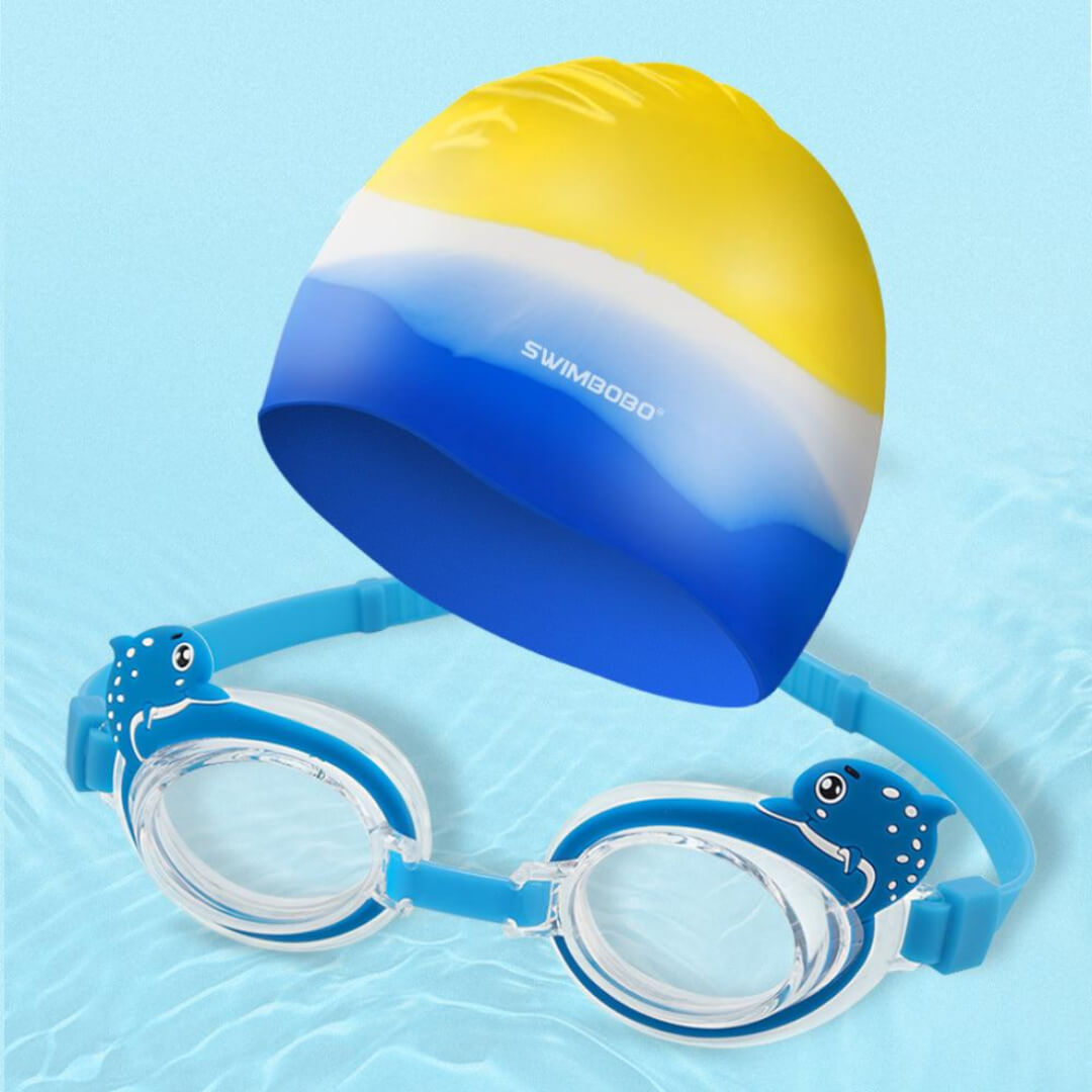 Swimbobo Dolphin swim set with silicone cap and anti-fog goggles, blue and yellow