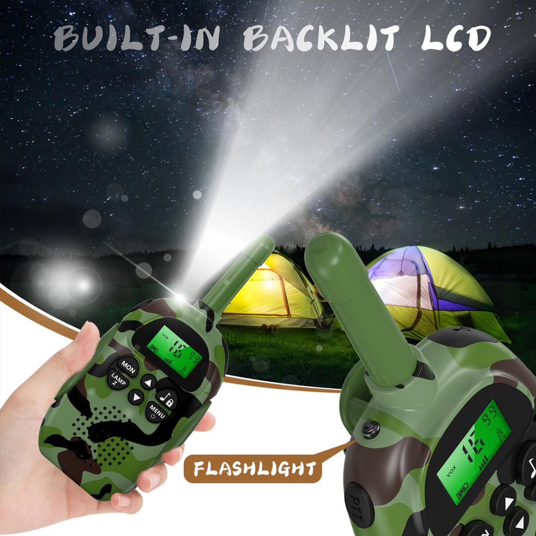 Two walkie-talkies with built-in flashlights and backlit LCD screens