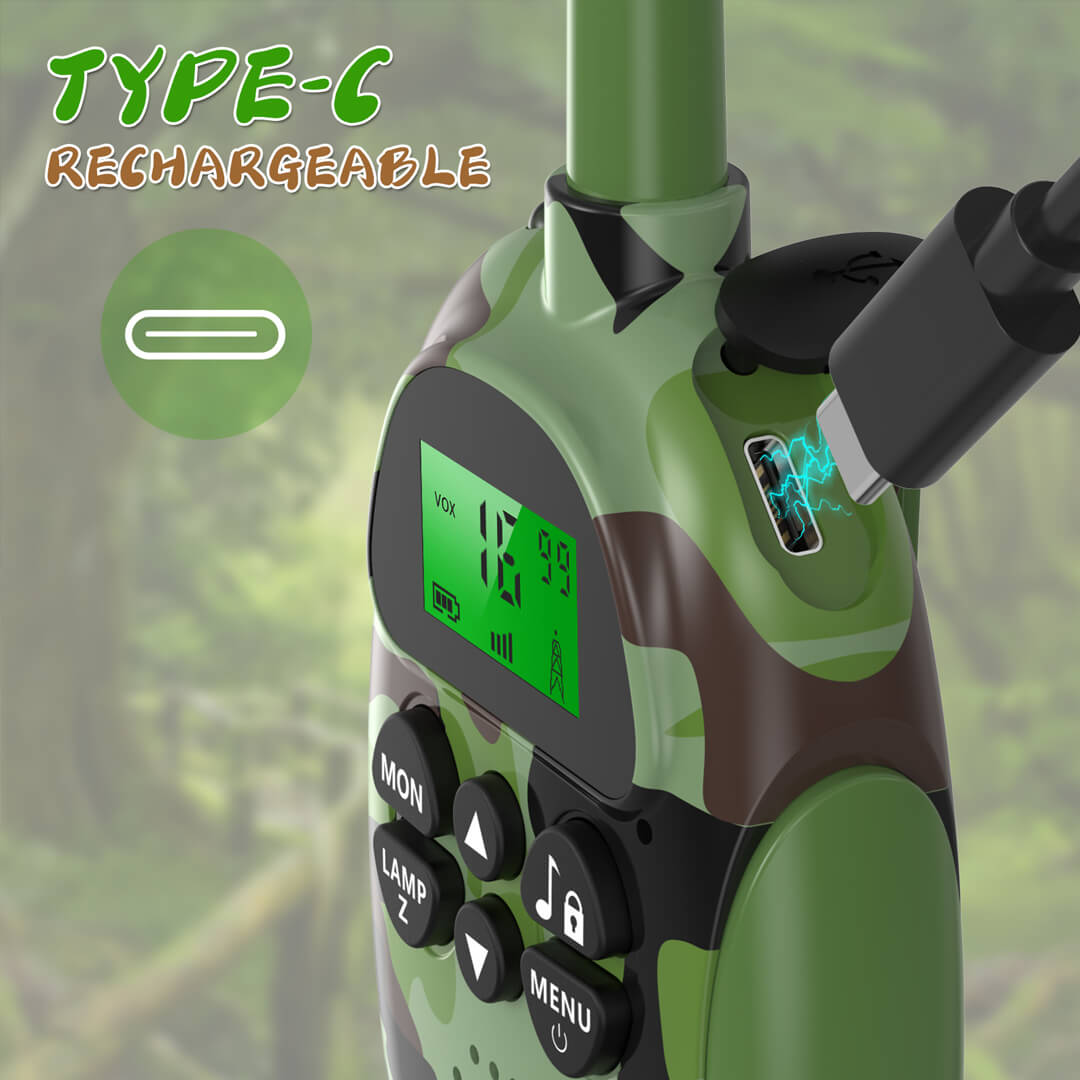 Army green kids talkie-walkie, rechargeable type-C