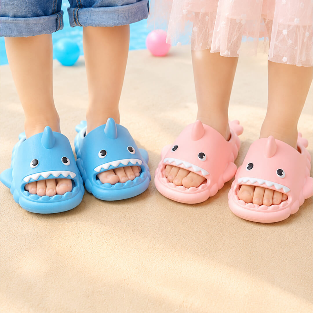 Pink and blue shark anti-slip slippers for kids, sizes 24 to 29