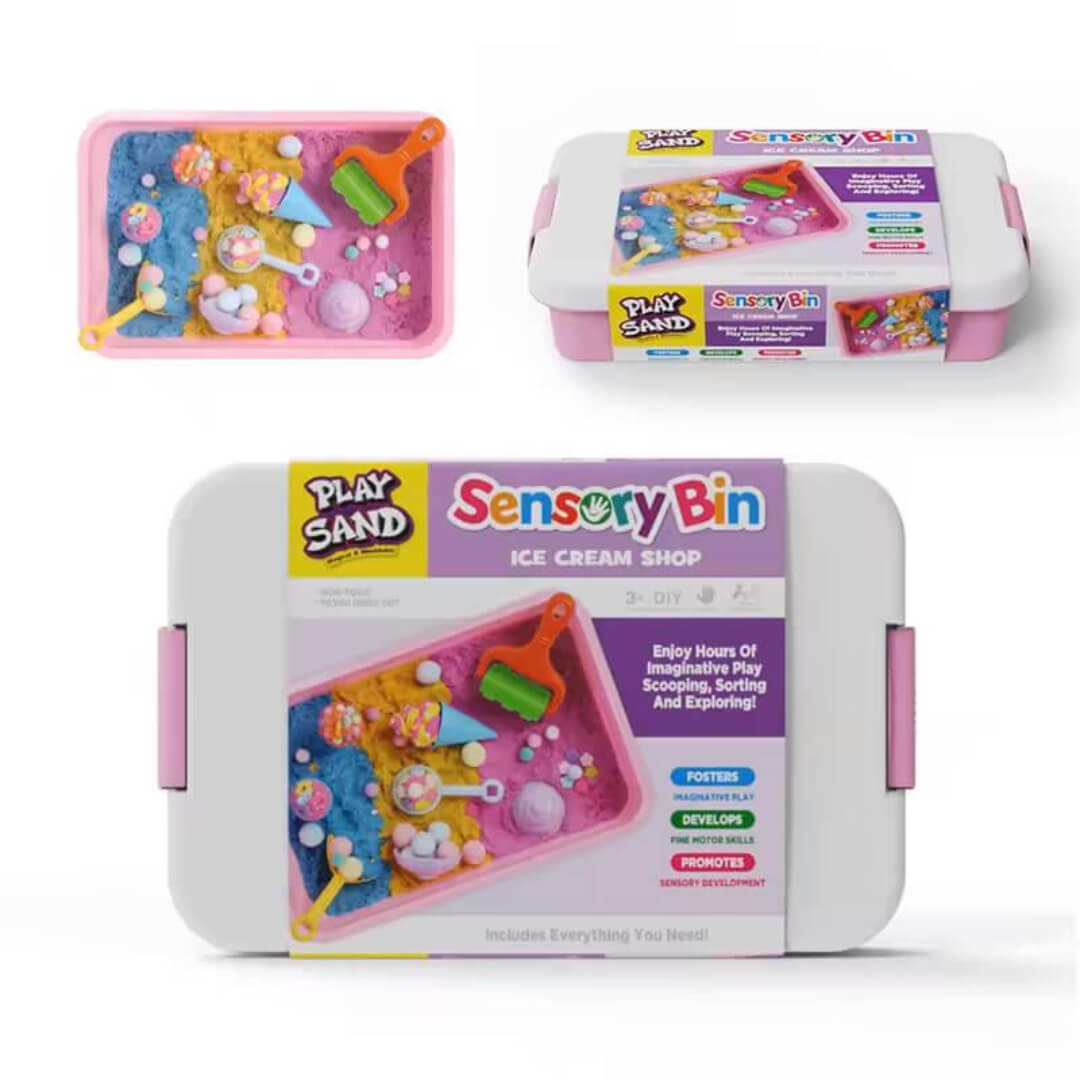 Play sand sensory bin with ice cream shop theme 