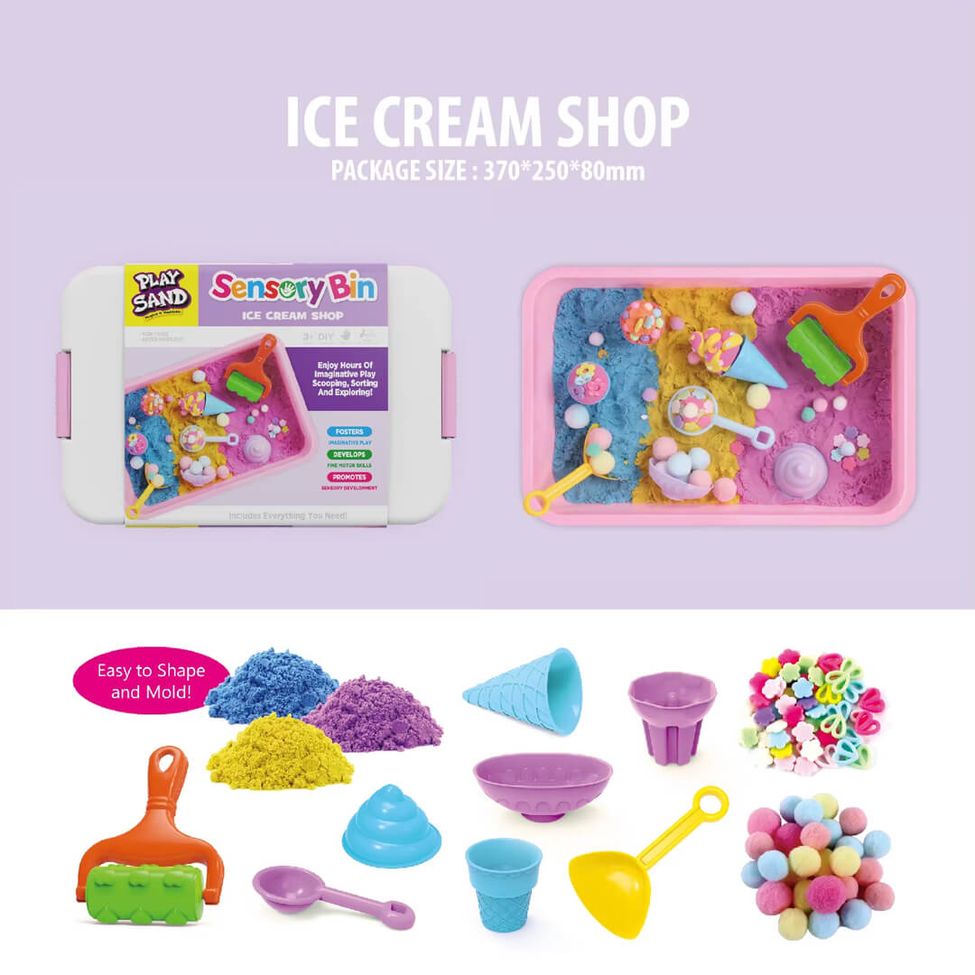 Ice cream cones with kinetic sand and accessories