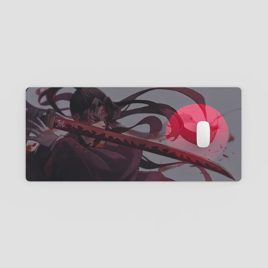 Mouse pad with anime-style design of a character holding a sword on a light gray background