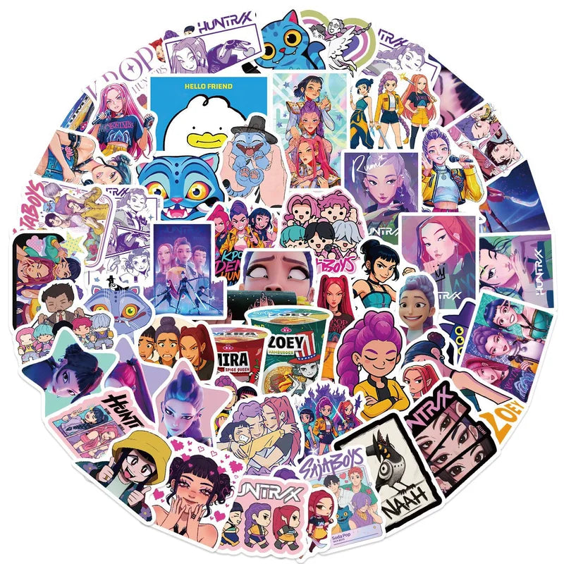 Collection of colorful stickers featuring animated characters and various designs on a white background.