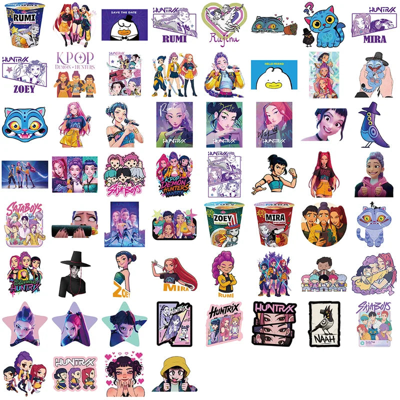 Collection of colorful stickers featuring various characters and designs on a white background.