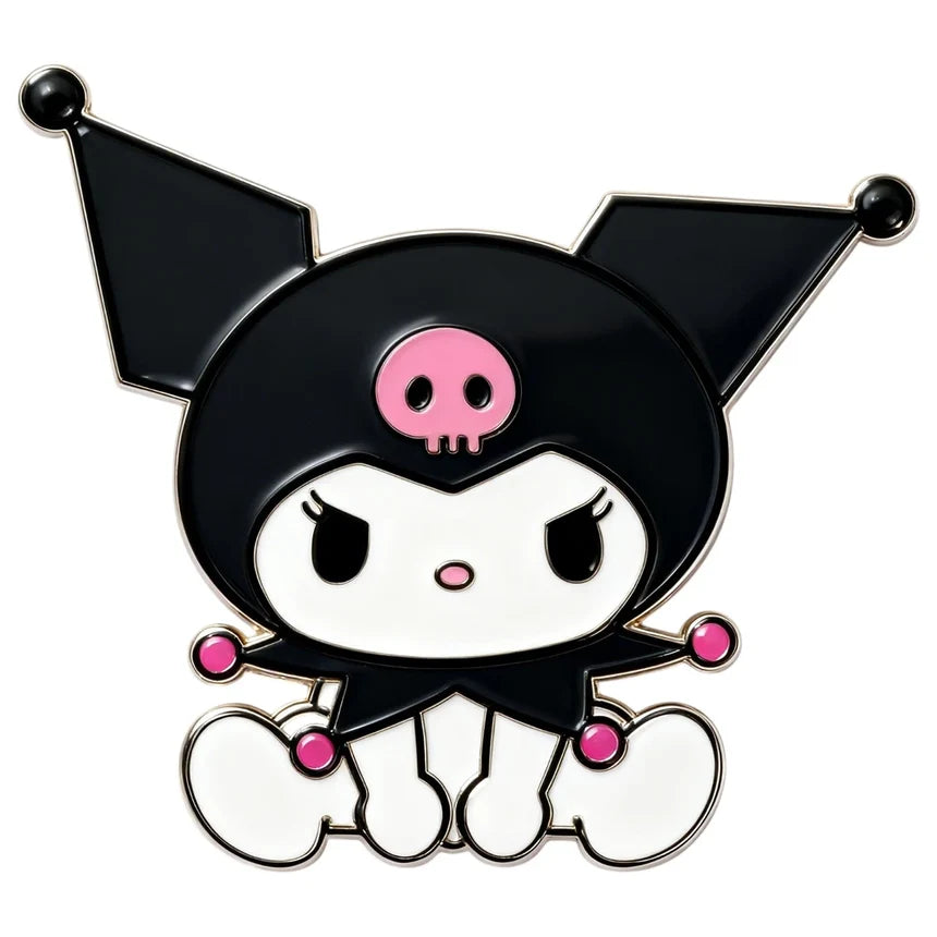 Cartoon character with black hat and pink accents on a white background