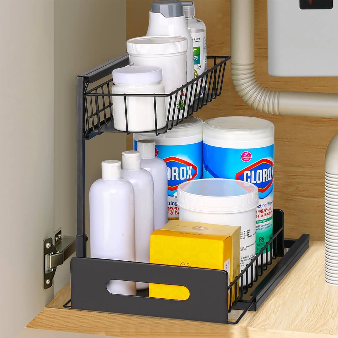 L-shaped 2-tier under-sink organizer with sliding drawers