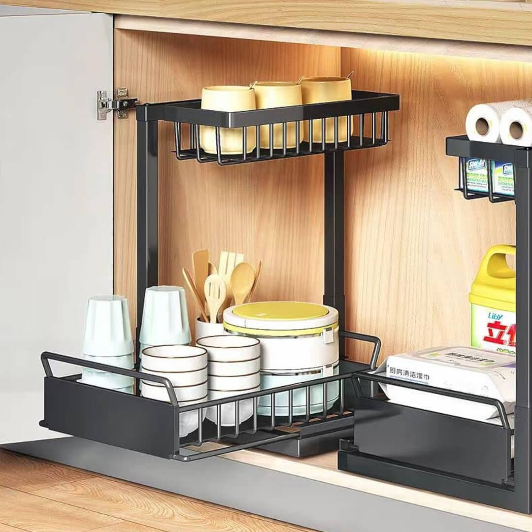 Sliding drawer organizer designed to fit under sink pipes