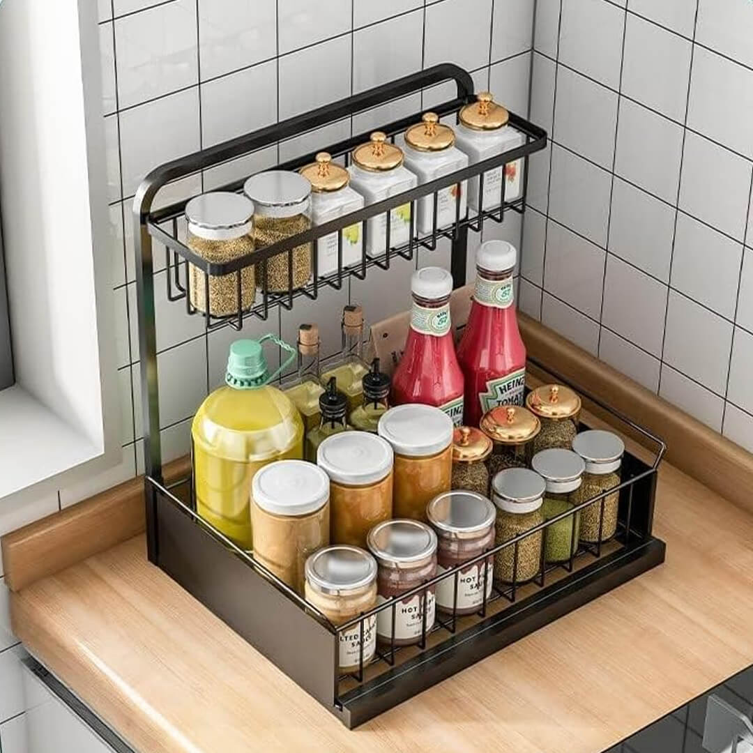 Space-saving L-shaped under-sink drawer shelf organizer