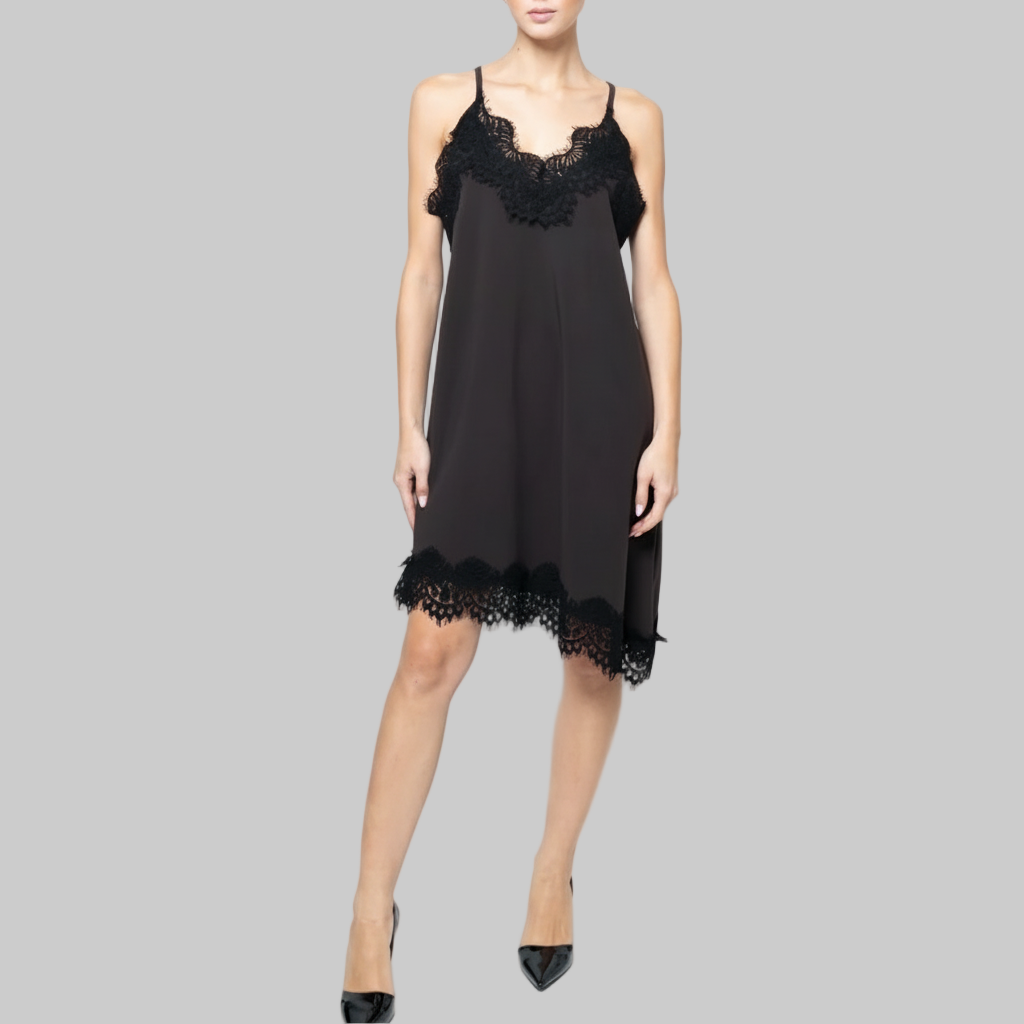Black lace-trimmed slip dress on a white background