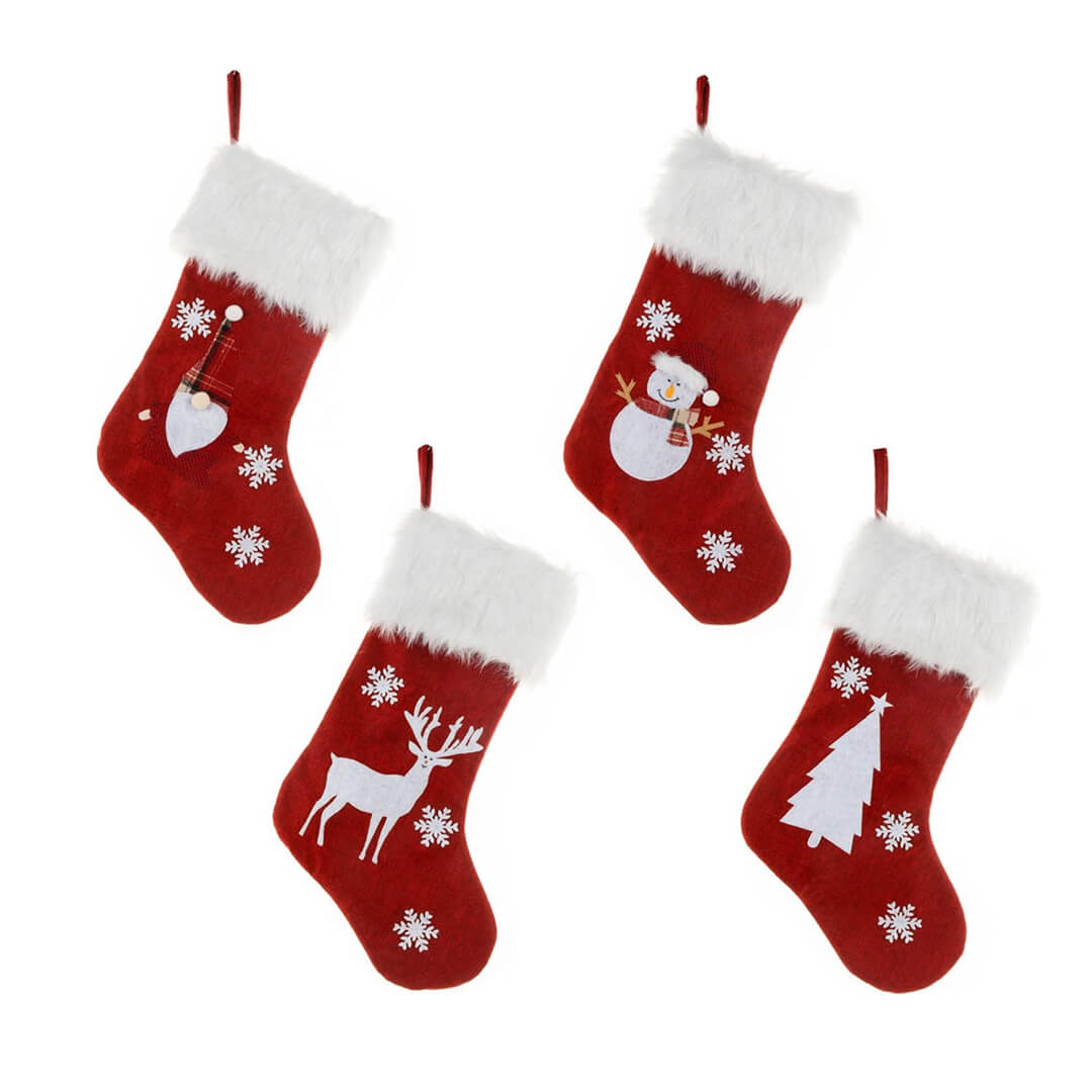 LED Christmas stockings with tree reindeer, snowman, and gnome designs