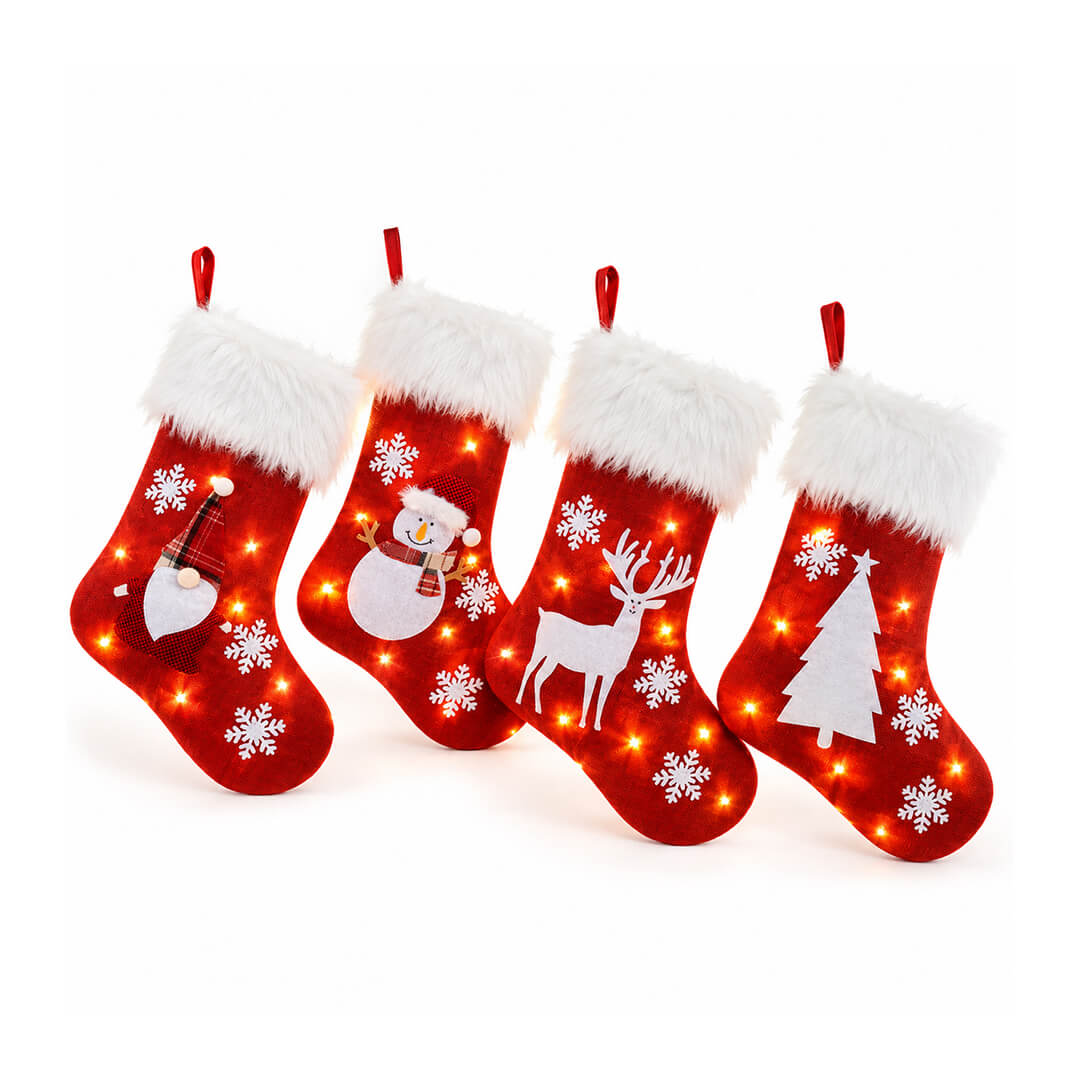 Light-up Christmas stocking with LED lights and fluffy white cuff