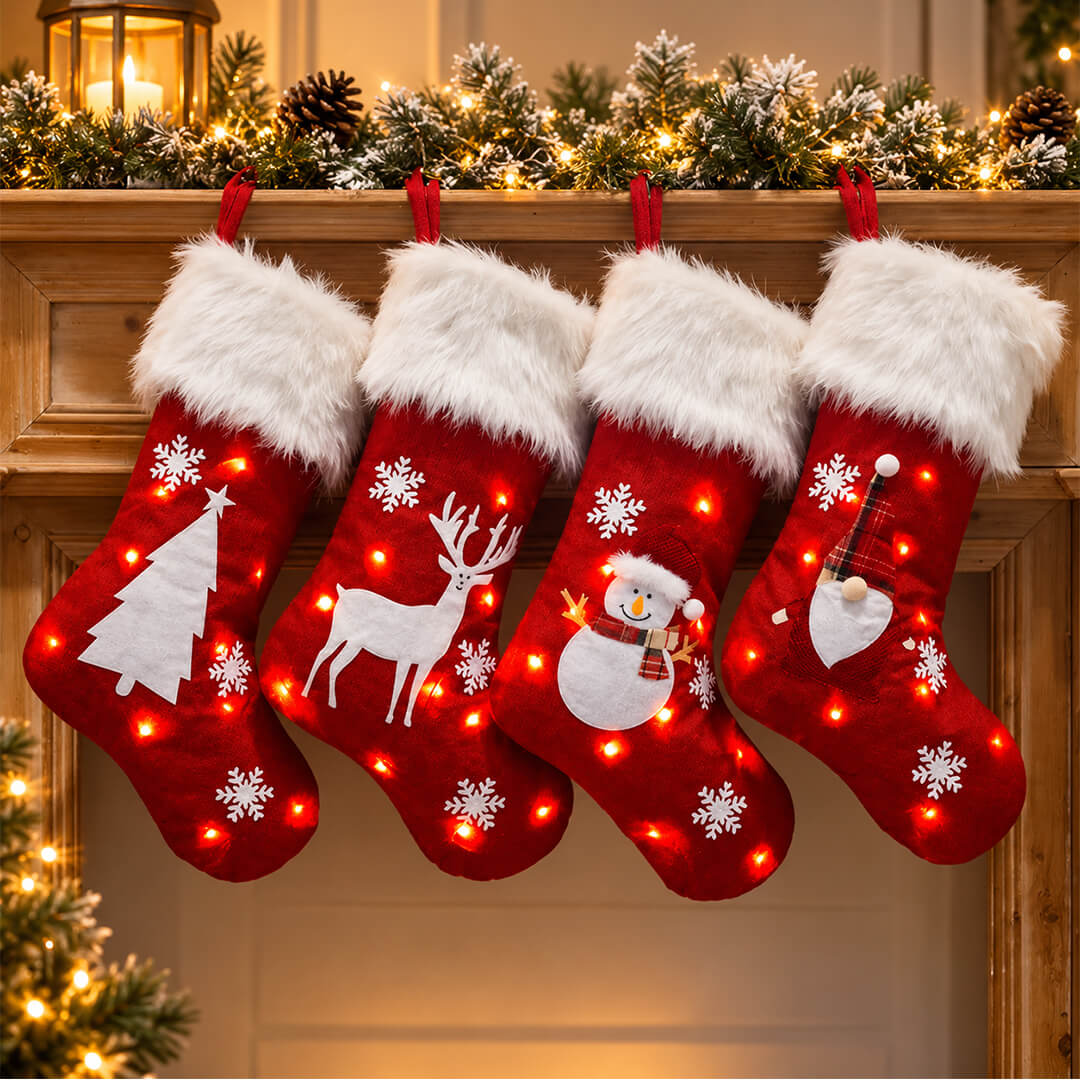 Red LED Christmas stocking with festive snowflake design