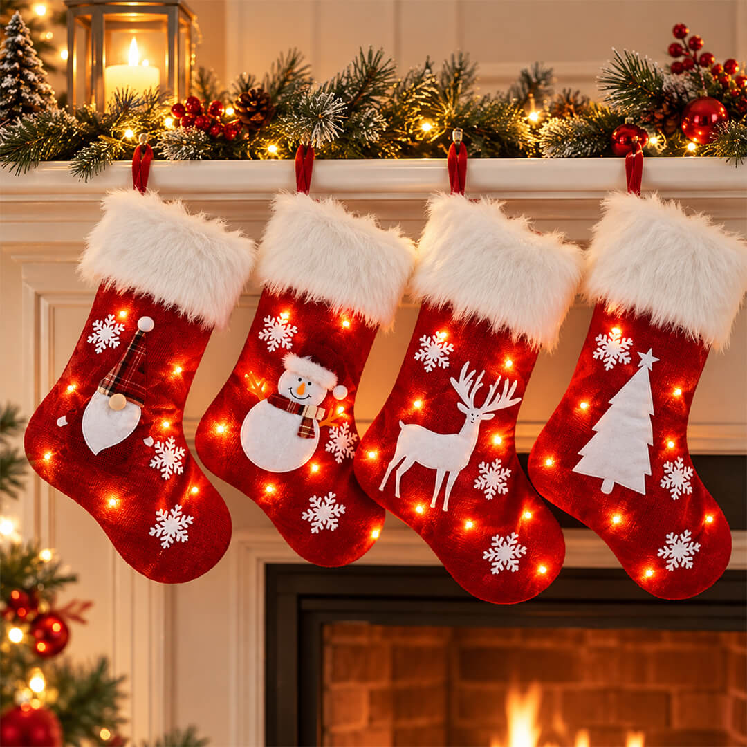 Christmas gift stocking with fluffy white cuff and LED lights