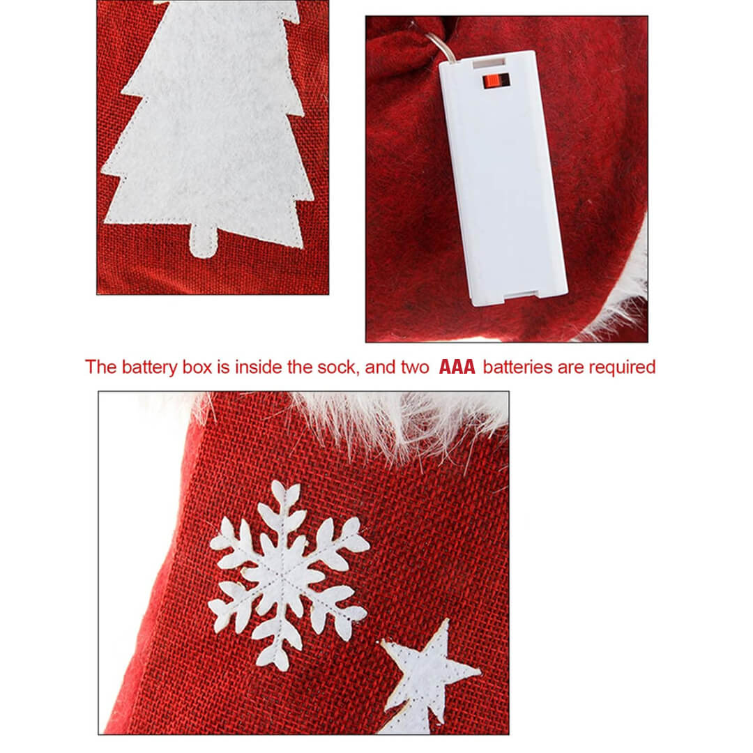 Christmas tree light-up stocking with battery-operated lights inside the sock