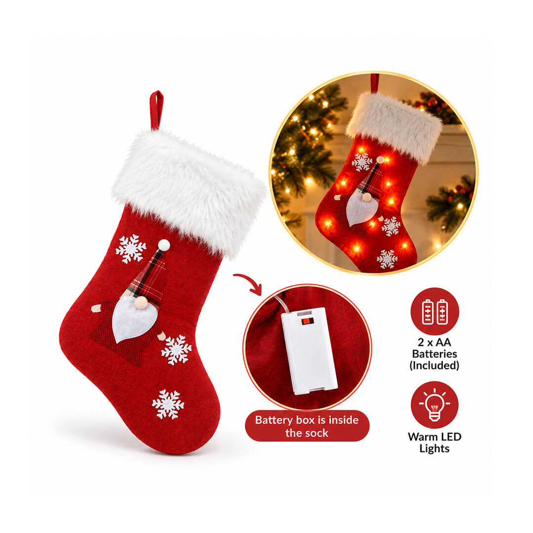 Gnome santa light-up Christmas stocking with LED lights