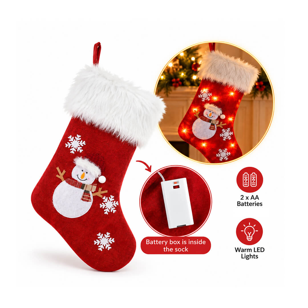 Snowman light-up Christmas stocking with LED lights