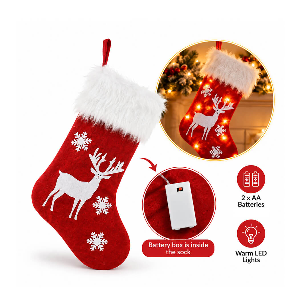 Reindeer light-up Christmas stocking with LED lights