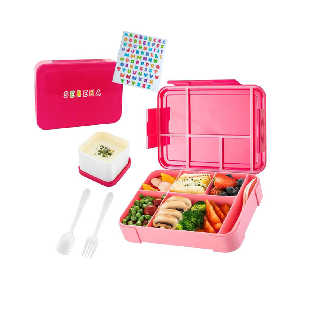Pink girls' lunchbox with spoon, fork, and sauce container