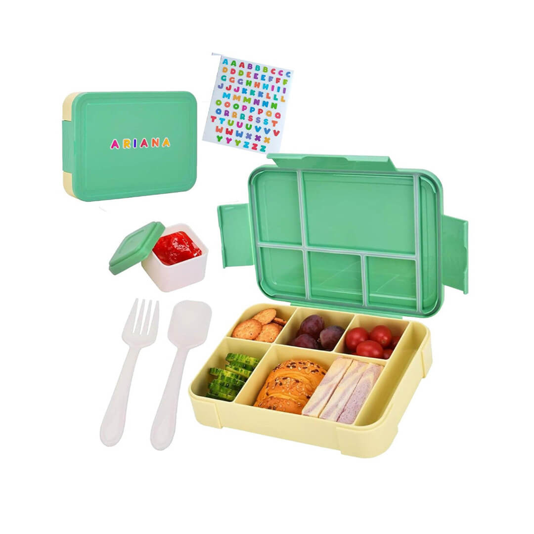 Kids green bento lunch box with 5 food compartments
