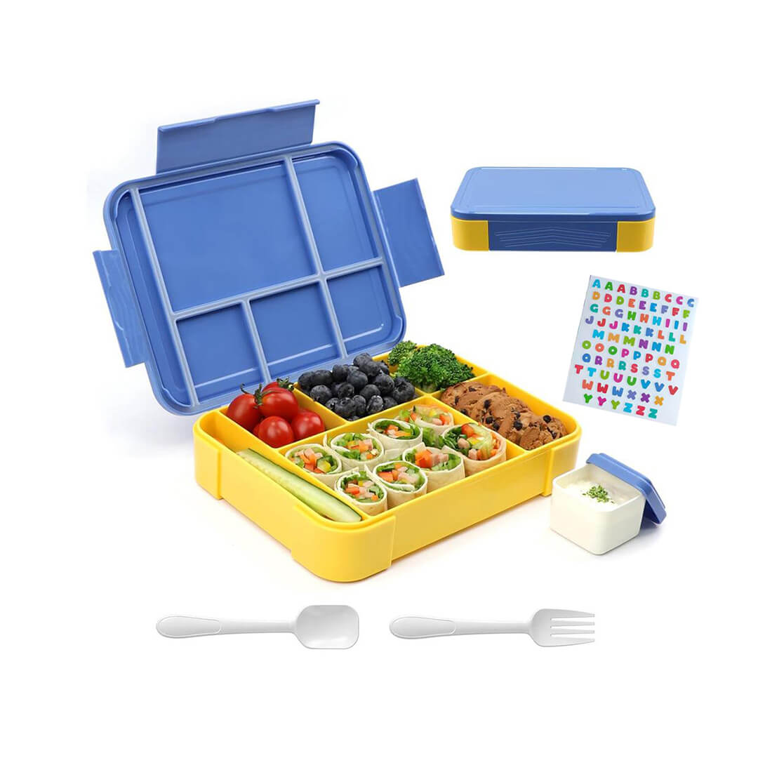Blue yellow kids lunch box with spoon fork and sauce container