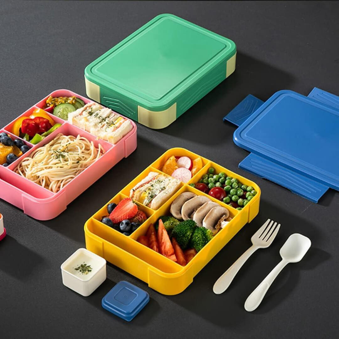 Kids bento lunch box with 5 food compartments and utensils