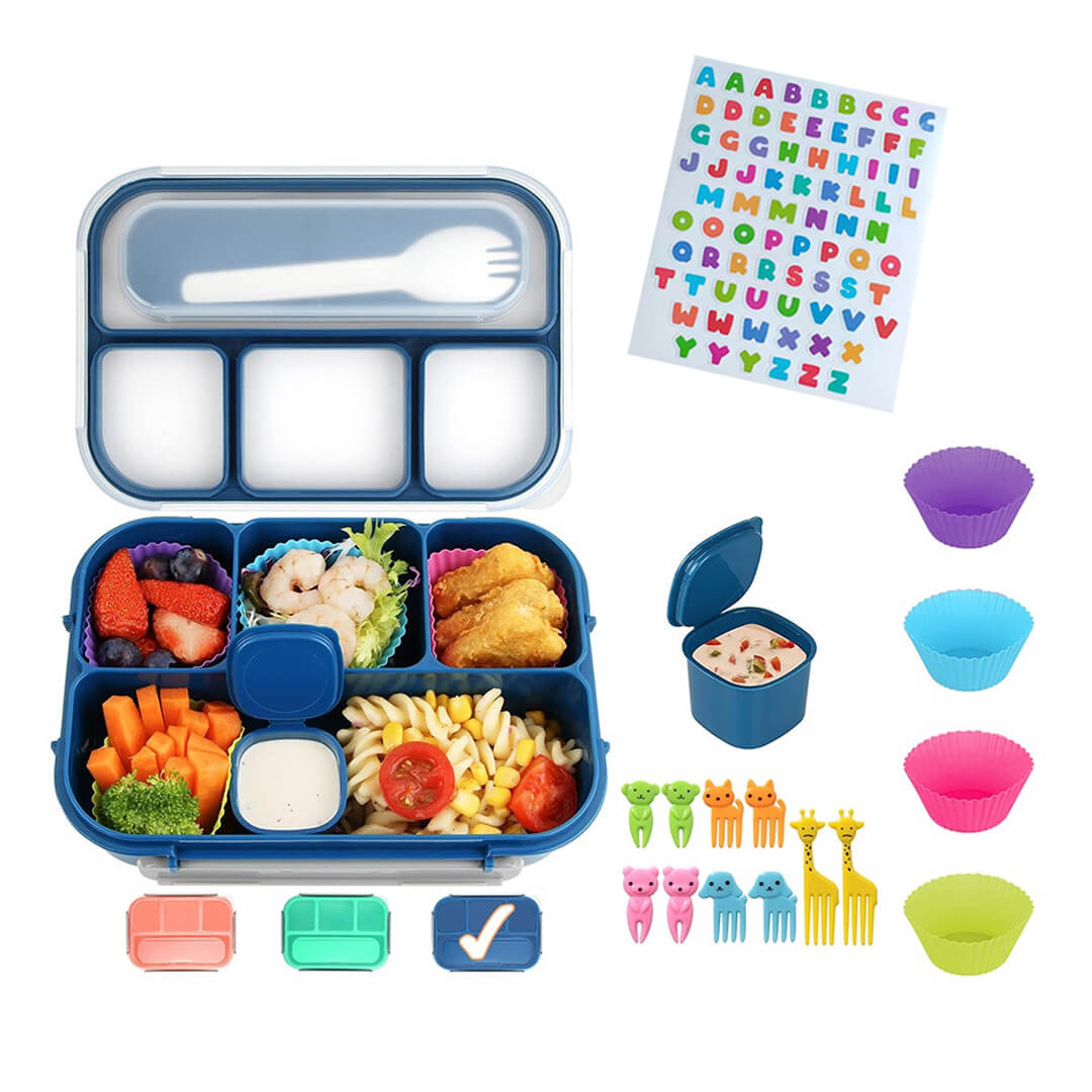 Kids' lunch box 17-piece set with mini forks, dividers, a sauce cup, and ABC stickers, Blue