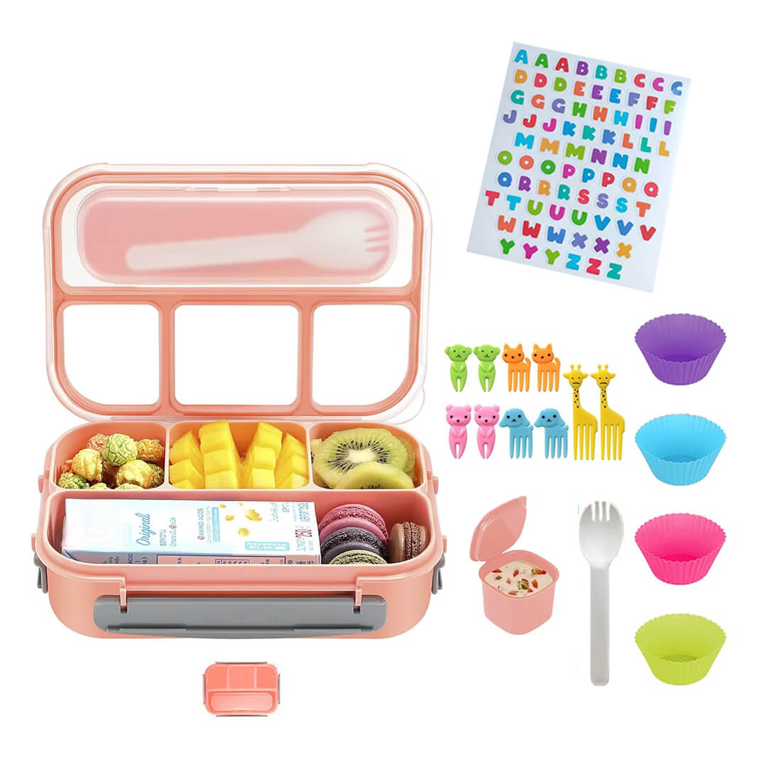 Kids' lunch box 17-piece set with mini forks, dividers, a sauce cup, and ABC stickers, Pink 