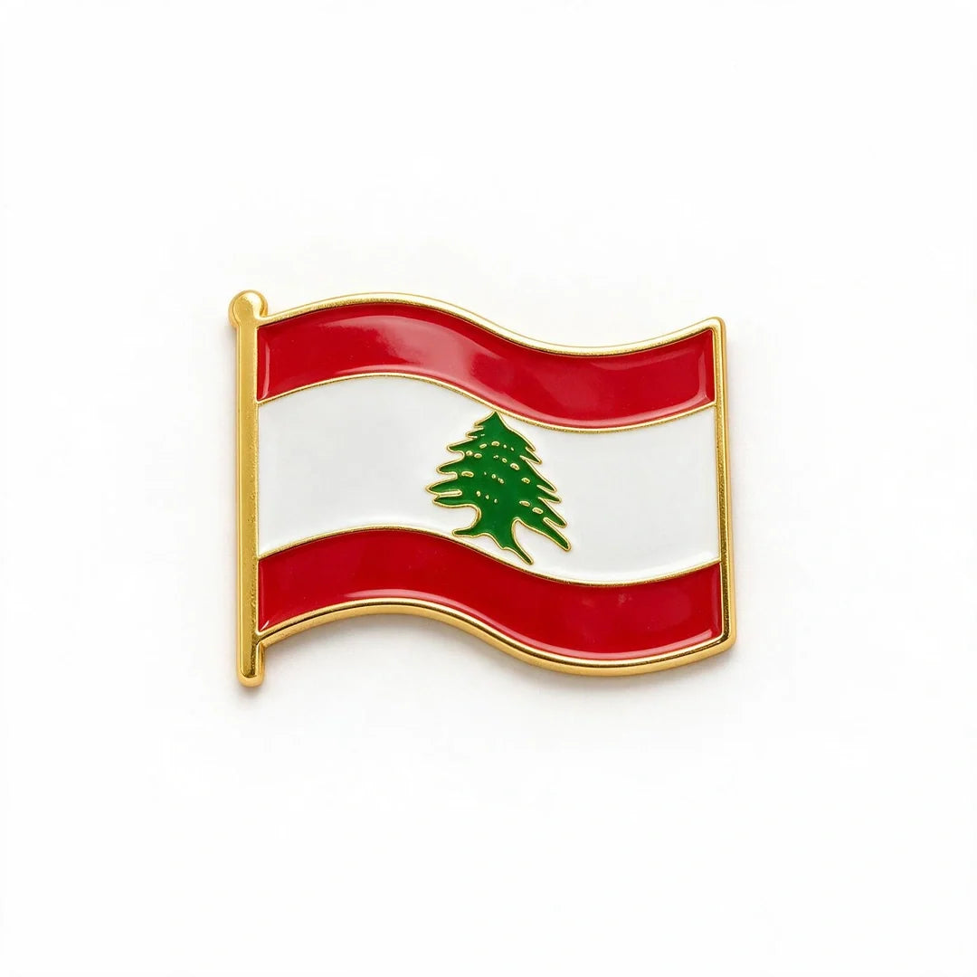 A small enamel phone sticker shaped like a waving flag, featuring red and white horizontal bands with a green cedar tree in the center and a gold-tone outline and pole, shown on a plain white background.