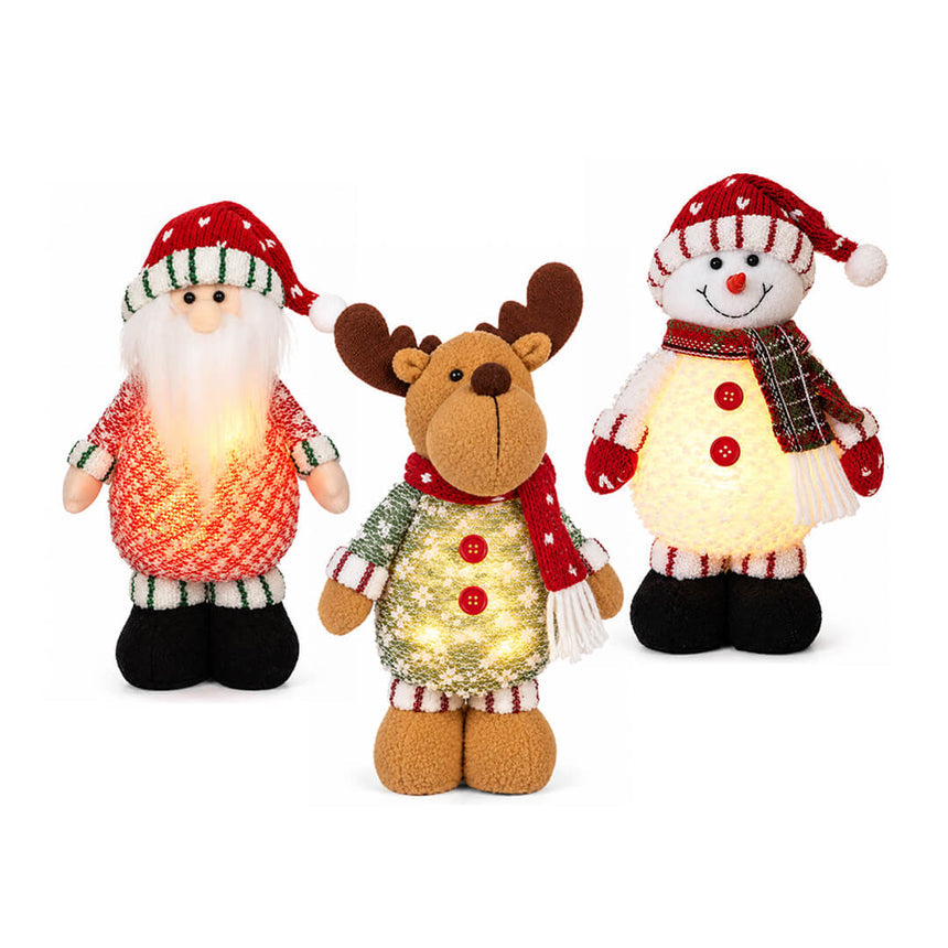Christmas LED light-up dolls in Santa, Snowman and Deer designs