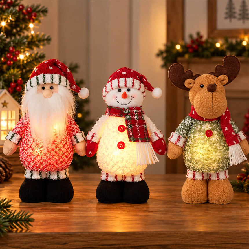 Soft fabric Christmas dolls with warm LED lighting