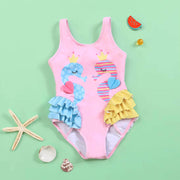 Light pink seahorse swimsuit for toddler girls with ruffle detail