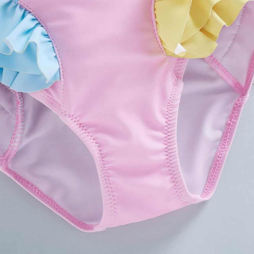Toddler girls swimsuit with ruffles and tropical seahorse print