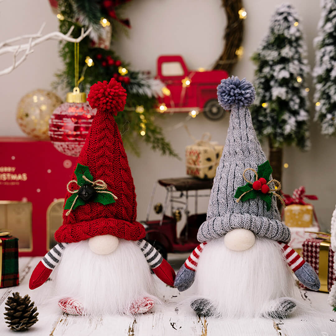Plush gnome ornament in grey with cozy festive lighting