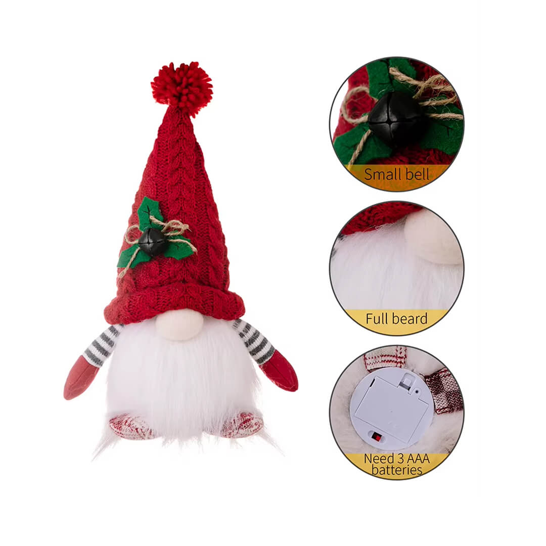 Plush gnome ornament in red, close-up shot