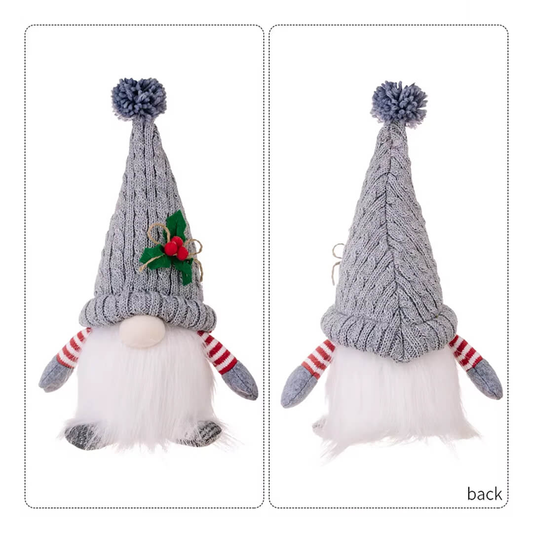 Plush gnome ornament in grey with cozy festive lighting
