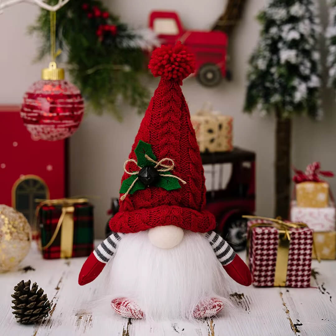 Handmade glowing Christmas gnome in red with tall knitted hat