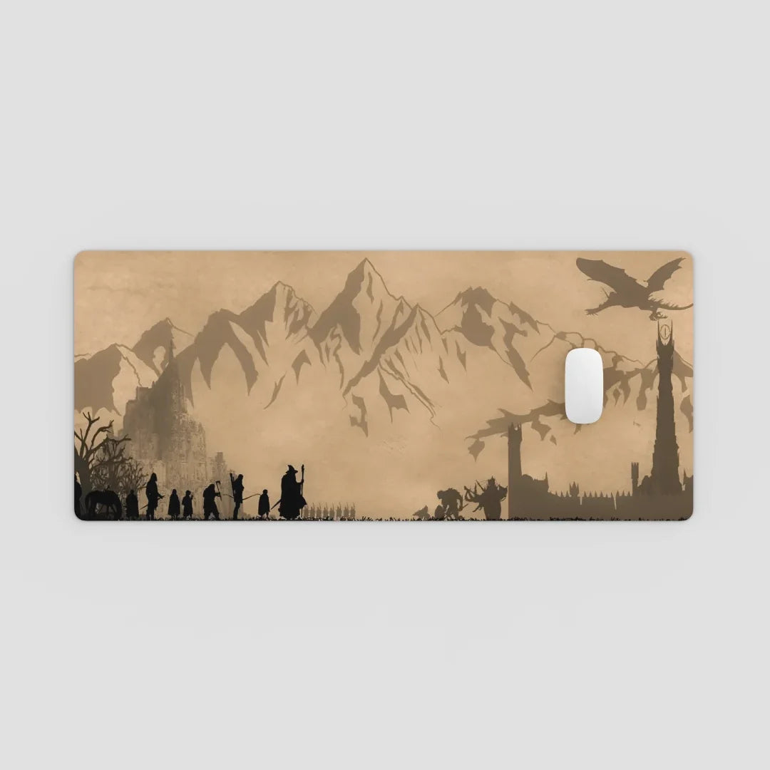 Phone case with mountain and silhouette design on a beige background
