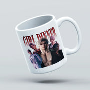 White mug with 'Girl Dinner' graphic design featuring characters on a light gray background