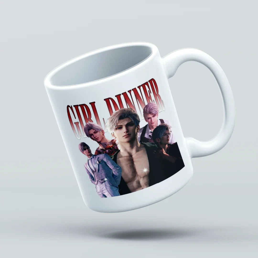 White mug with 'Girl Dinner' graphic design featuring characters on a light gray background