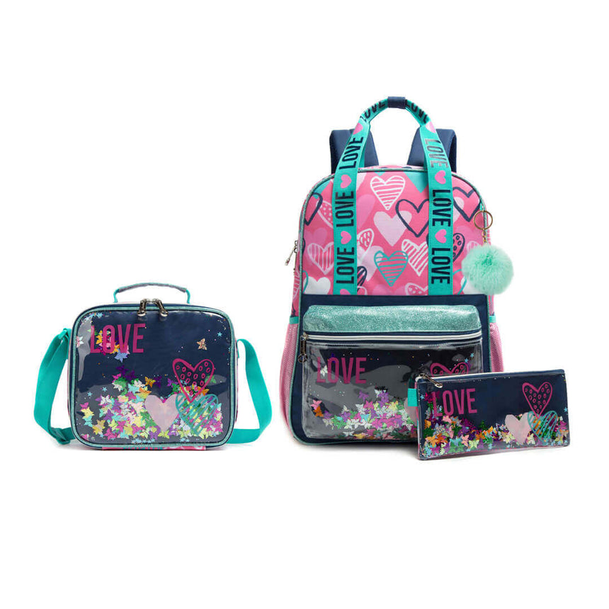 3-Piece Love-Themed Glitter Backpack Set with Transparent Pocket