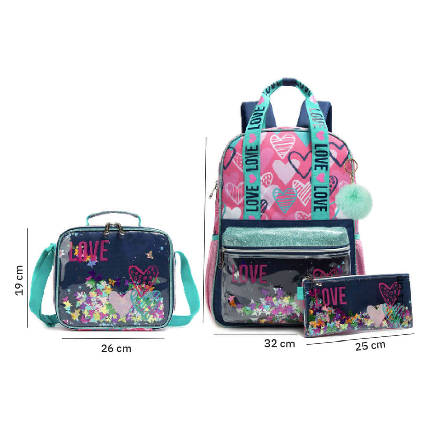 Love Glitter Backpack 3-Piece Set 32 x 42 cm