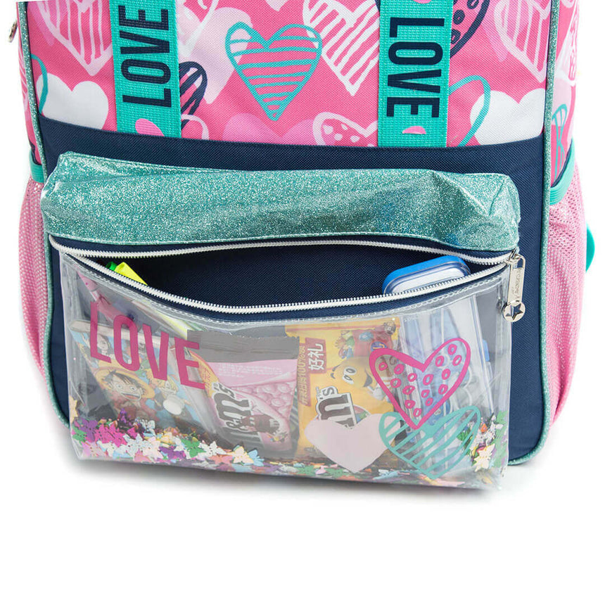 3-Piece Love-Themed Glitter Backpack Set with Transparent Pocket