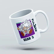A white ceramic mug with a vibrant multicolored character design from the anime One Piece, labeled 'Luffy Gear 5'.