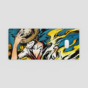 Phone case with a stylized design of a person with flames, on a light gray background