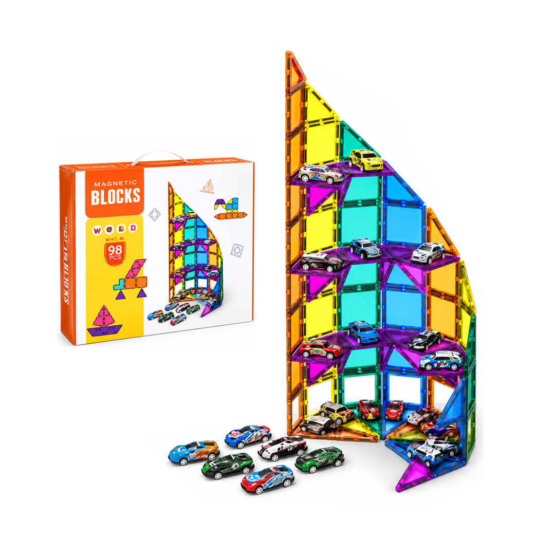 98-piece magnetic building blocks set with 20 cars